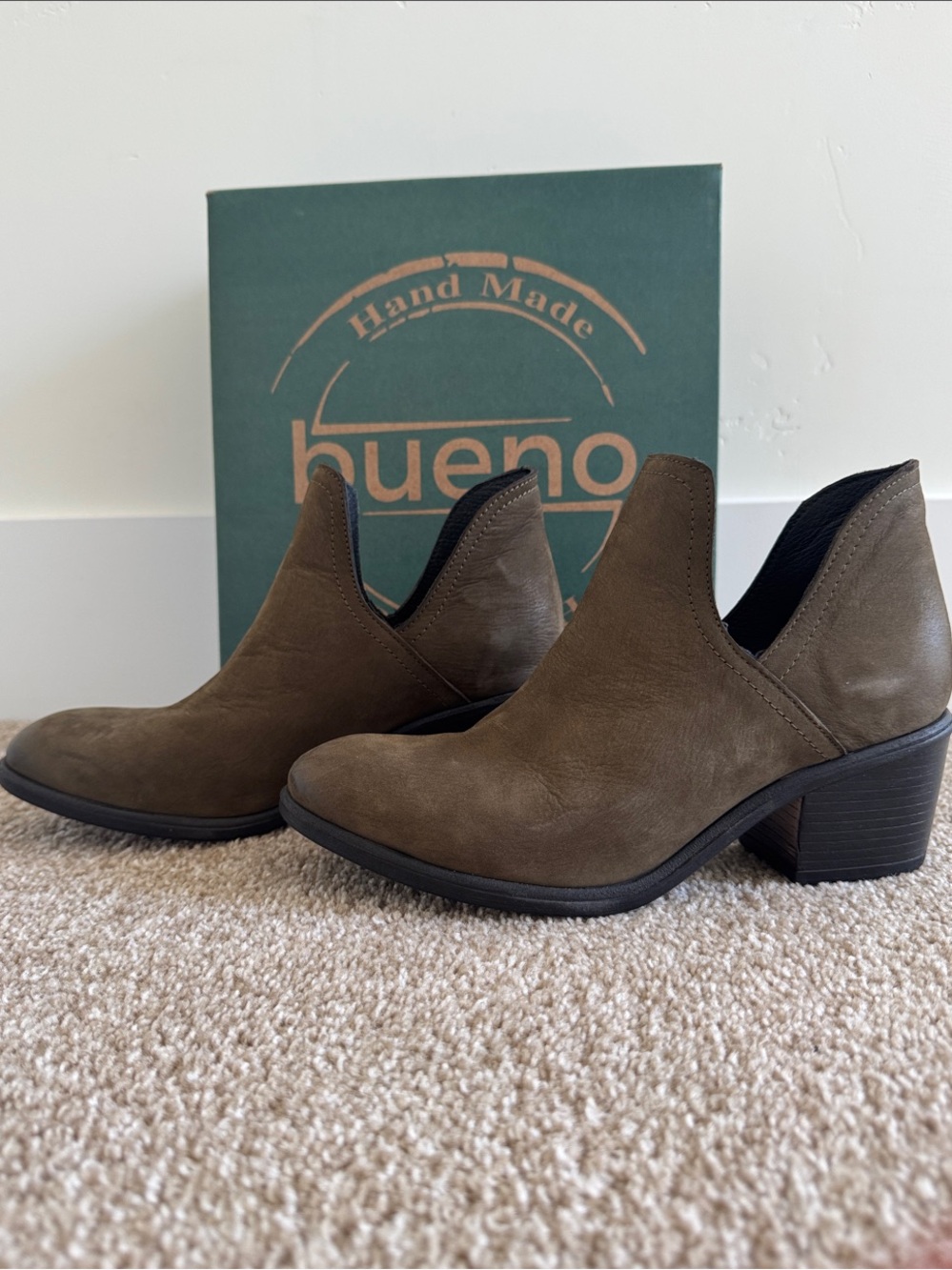 Bueno Olive Green Brown Low Heel Cutout Ankle Booties